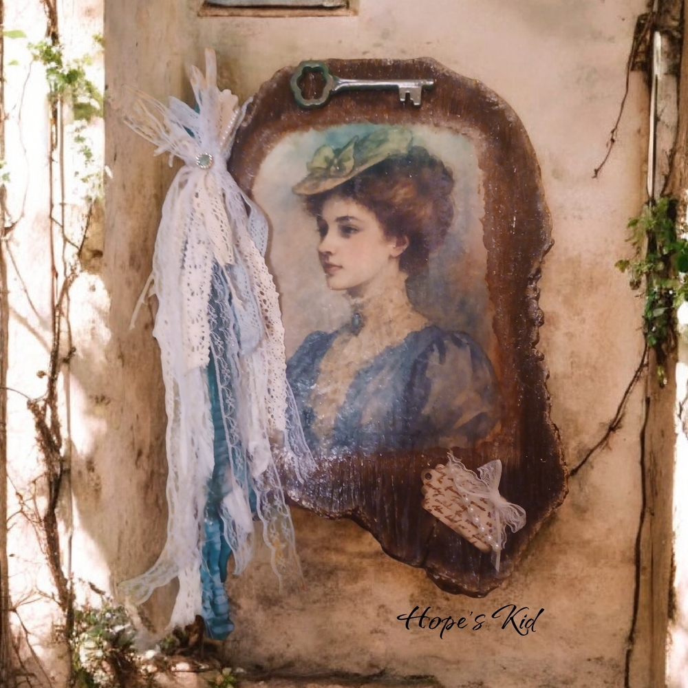Vintage Style Portrait On Natural Wood Slab
